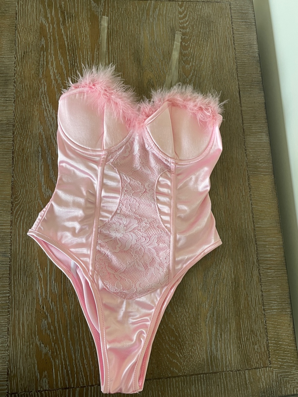 Fashion Nova Pink Satin & Lace Feather-Trim Bodysuit